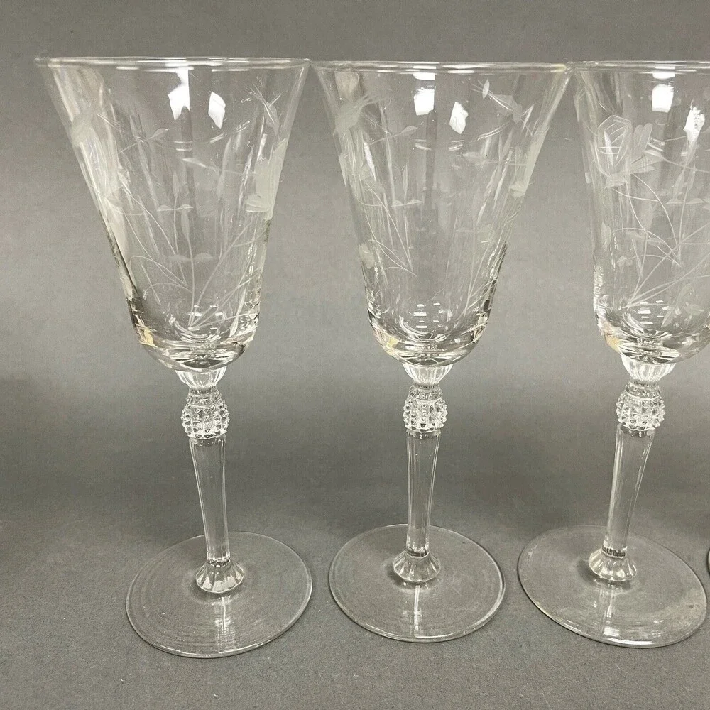 Wine Glasses Clear Glass Etched Roses Flowers Stemmed‎ 7